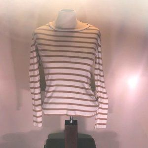 Ann Taylor, Boat neck T, Long sleeve White and Beige Stripes, Cotton, Si…